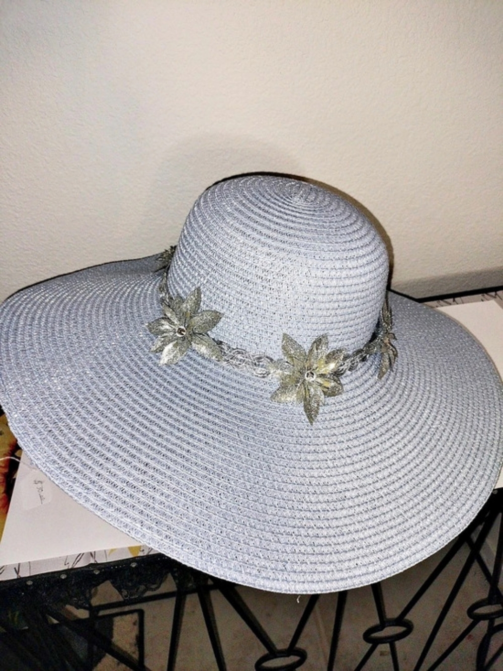Wide Brim Hat in Silver with silver flower glitter decorations
